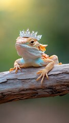 Obraz premium A lizard with a sparkling crown basking majestically on a sunlit branch.