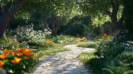 Sun-Drenched Garden Path Leading to a White Villa