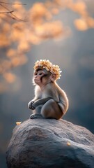 A monkey with a flower crown, playfully sitting on a rock under the golden rays of the setting sun.