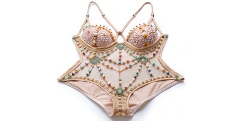 "A delicate, intricately designed swimsuit featuring tiny straps, threads, and beads, showcasing an innovative approach to minuscule yet stylish apparel."