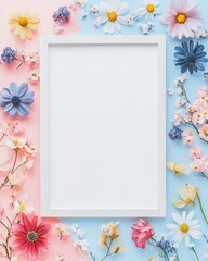 A minimalist frame with a white canvas, surrounded by delicate autumn-themed decorations, including small pumpkins and falling leaves, set on a warm, textured background with a large area for text