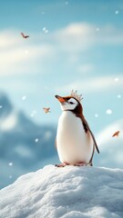 Fototapeta premium A penguin with a sparkling crown standing on a snowy peak.