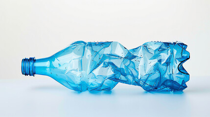 Recyclable disposable empty plastic bottle water isolated on white. Crumpled PET plastic water bottle. Crushed blue plastic bottle water container recycling waste environment empty drink beverage