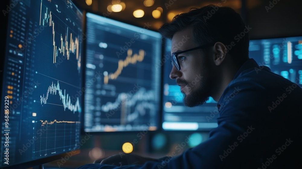 Leinwandbilder Man Analyzing Financial Data on Multiple Computer Monitors