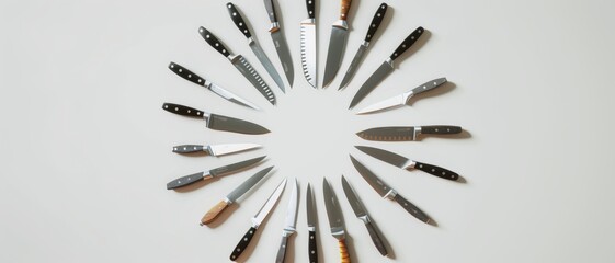 A dynamic circular arrangement of diverse kitchen knives on a plain surface, showcasing their sharpness and variety in design and functionality.