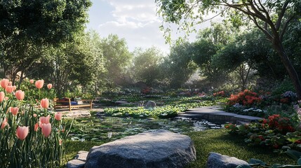 Sun-Drenched Garden Path Leading to a White Villa