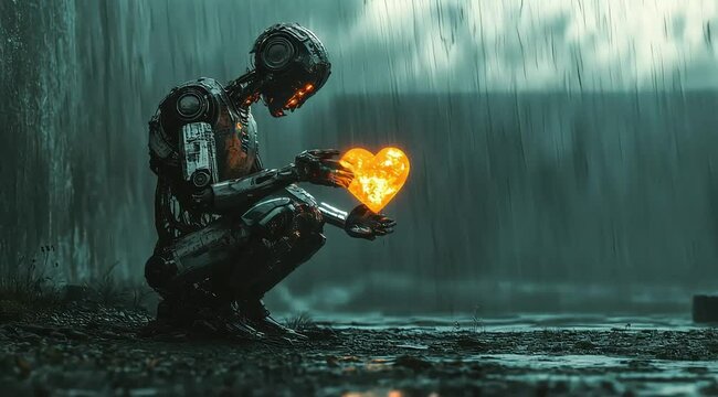 A futuristic robot, crouching slightly, cradles a flaming heart in its hands. The scene is cinematic and somber, set against a backdrop of rain, evoking a sense of sadness and gloom.
