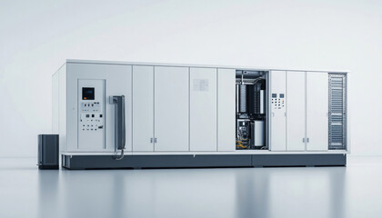 Modern industrial equipment is standing in empty room with open doors