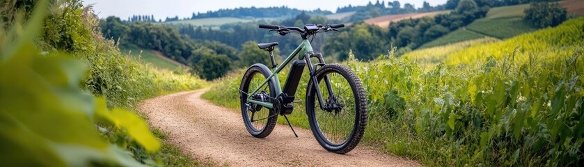 Obraz premium Electric bike on a rural path, with a battery charged by solar panels, promoting sustainability and accessible transport in remote areas