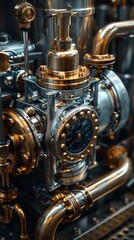 Close-up view of vintage metal machinery showcasing intricate gears and polished surfaces, emphasizing craftsmanship and industrial design.
