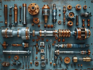 Detailed arrangement of mechanical parts and tools showcasing various industrial components on a blue background.