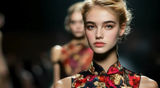 Blonde Slavic models in elegant dresses influenced by contemporary Asian fashion stroll down the catwalk, set against the backdrop of a fashion show.