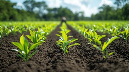 Green sugarcane plants thrive in well-tended rows under bright sunlight in a lush field