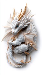 Fototapeta premium Dragon suspended mid-air against pure white background, wings outstretched, striking image of power and elegance.