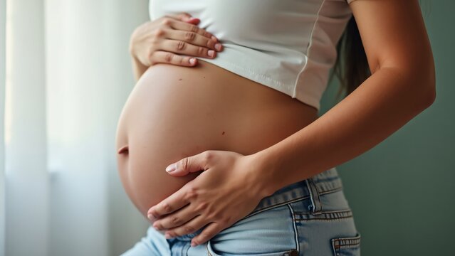 Pregnent woman holding belly with hands on belly