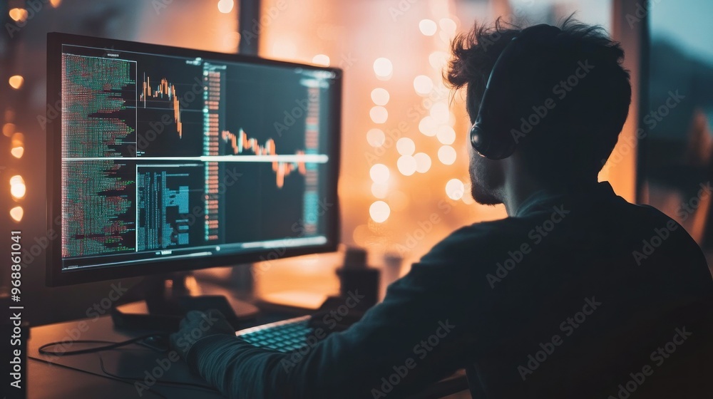 Poster A Man Working On a Computer With a Line Graph on the Screen