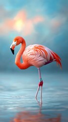 Flamingo wading in a serene, icy lake illuminated by the Northern Lights, with its pink plumage creating a vivid contrast against the colorful sky.