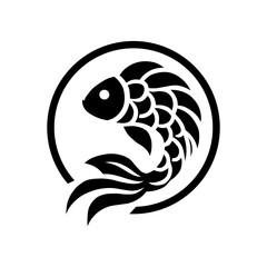 Minimalist vector illustration of a koi fish enclosed in a circular frame with an abstract pattern depicting scales and fins. This simple and elegant design is perfect for your company logo