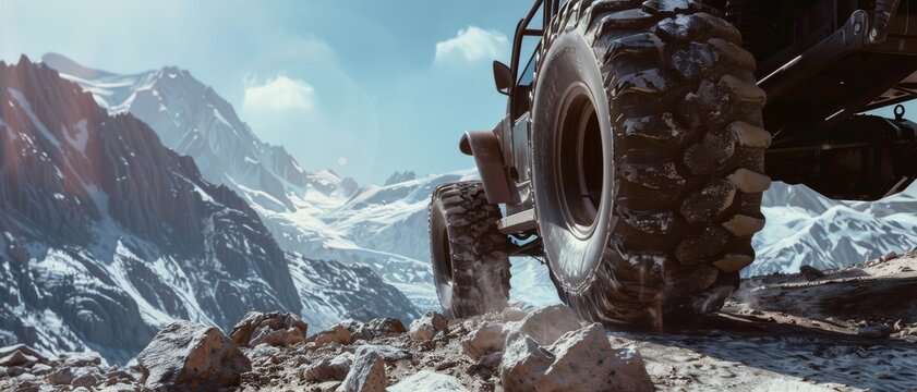 A robust off-road vehicle navigating a rocky mountain terrain, capturing the rugged spirit of adventure and extreme outdoor exploration.