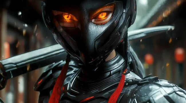 A Chinese female swordsman, clad in black fur armor and an antique hat, wields long katanas with red tassels on the hilts, and wears a mecha mask.