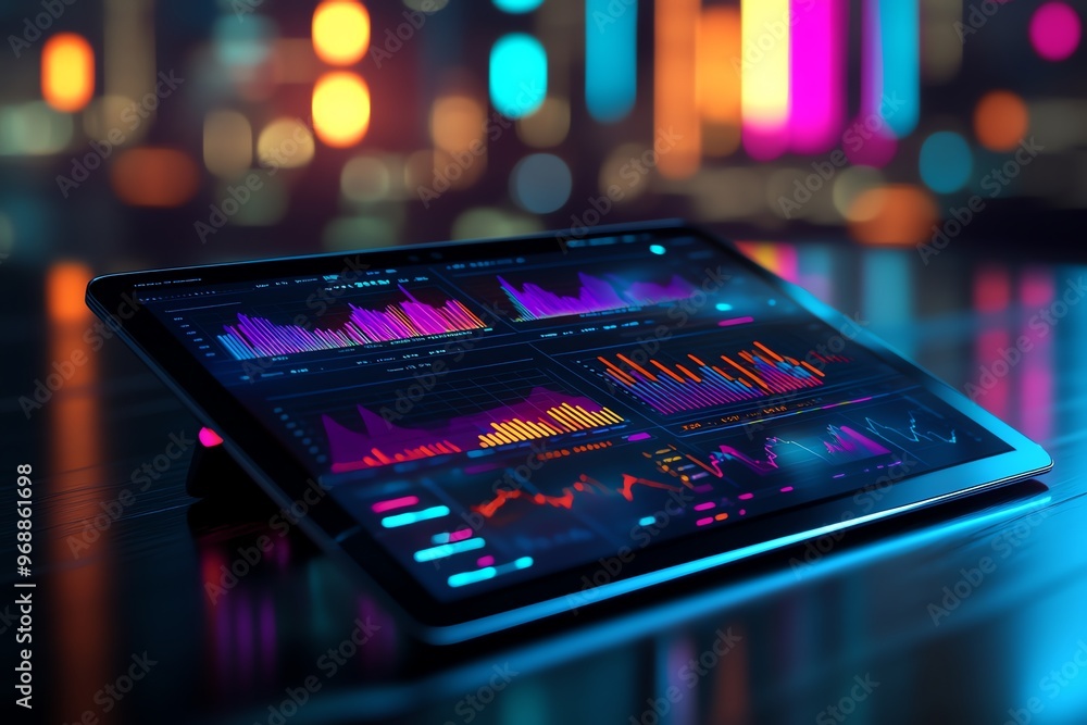 Poster a tablet displaying colorful financial graphs and charts on a dark surface with colorful bokeh light