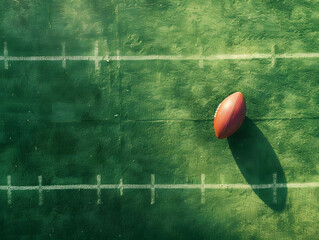 A single football rests on a well-maintained green field, casting a shadow in the sunlight, hinting at a game or practice in progress.