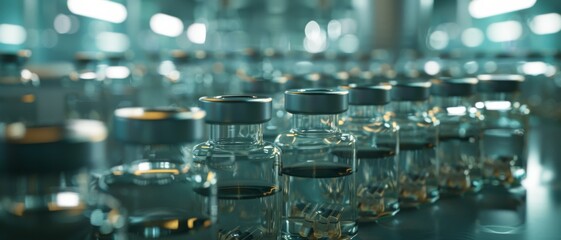 Rows of clear glass vials with metallic caps neatly arranged on a reflective surface in a well-lit laboratory, ready for scientific use.