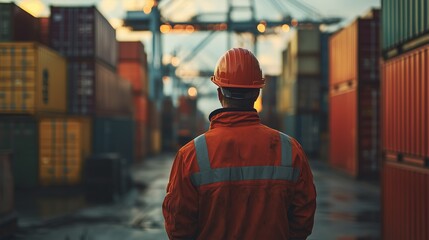 Obraz premium Logistic engineer man worker or foreman working at container site. Cargo containers logistics transportation import export concept.