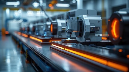 High-tech manufacturing line showcasing precision machinery with glowing elements, emphasizing automation and efficiency in production.