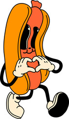 Retro Hot Dog mascot character. 40s, 50s, 60s old animation style. Oktoberfest mascot.