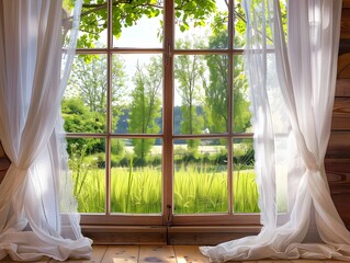 A serene view through a window showcases lush greenery, vibrant foliage, and soft curtains, inviting natural light into a cozy interior.