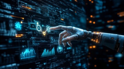 Naklejka premium Robot hand touching on big data network connection on dark background. AI, Machine learning, Data exchange, Artificial intelligence technology.