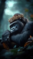 Obraz premium A gorilla with a sparkling crown sitting majestically on a high branch.