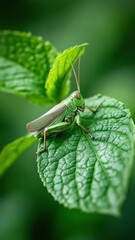 A grasshopper sleeping peacefully on a large leaf, camouflaged in foliage.