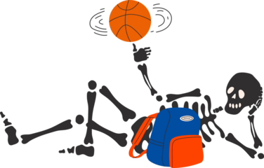 Back to school. Funny Skeleton ready for school with school stationery. Cute character Skeleton Bones.