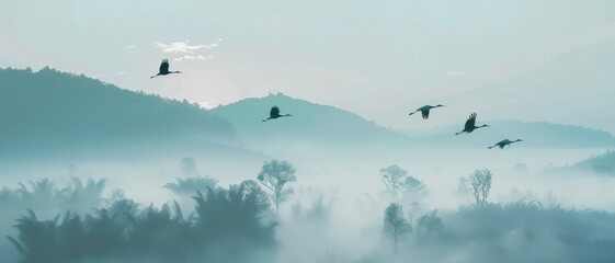 An ethereal scene of cranes flying over misty, forested hills at dawn, capturing the serenity and beauty of nature.