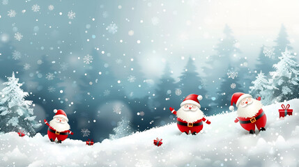 "Christmas scene with Santa Claus walking through a snowy forest, spreading holiday cheer. A magical and festive background perfect for winter designs, cards, or seasonal decorations."