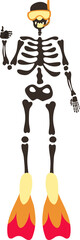 Funny Skeleton in flippers in a diving mask. Cute character Skeleton Bones.