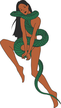 A witch woman with a snake wrapped around her body. Cute ladies. Retro style..