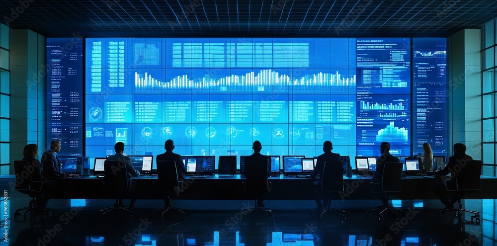 Poster a team of people work in front of a large screen with glowing data and charts.