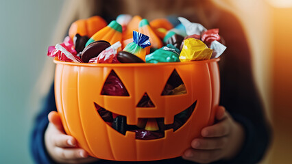 Jack-o'-Lantern bucket overflowing with colorful Halloween candy