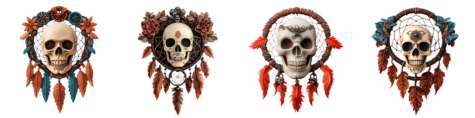 Collection of artistic skull designs featuring vibrant colors and unique decorations, perfect for Halloween or thematic decor.
