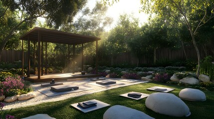 68. A serene garden setting with a yoga class practicing mindfulness and poses