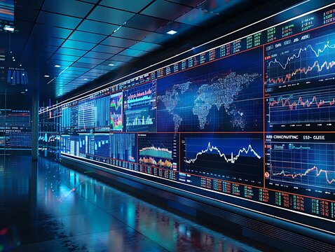 Contemporary stock market display with interactive financial charts, real-time data feeds, and dynamic market trends