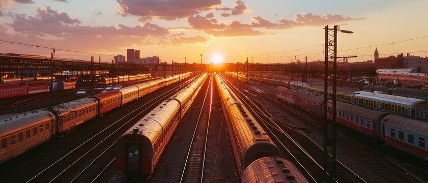 A train yard under a vibrant sunset, highlighting parallel tracks leading into the horizon, capturing movement and the beauty of twilight.