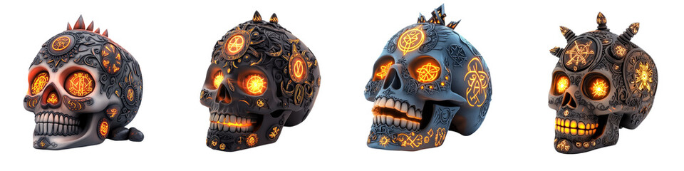 Collection of decorative skulls with vibrant colors and glowing eyes, perfect for Halloween or Dia de los Muertos themes.