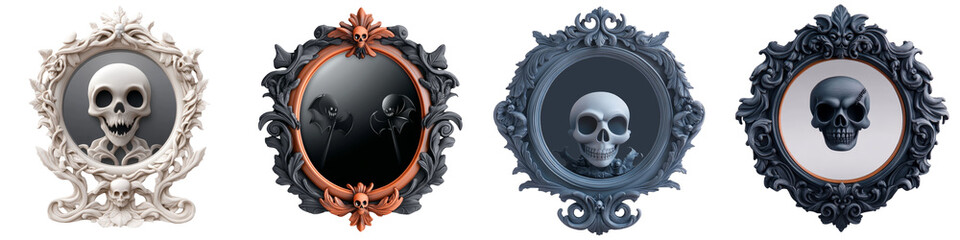 Collection of artistic skull mirrors, featuring unique designs, ideal for Halloween or gothic themed decorations.