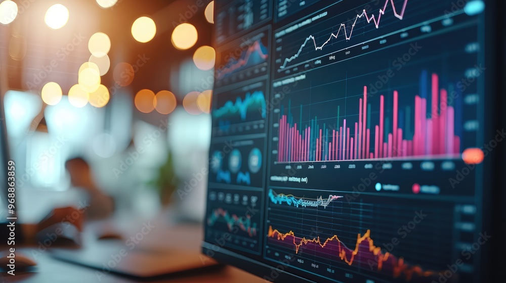 Poster Performance analytics on a screen, such as a graph showing upward growth or metrics being tracked. represents the ongoing process. Generative AI.