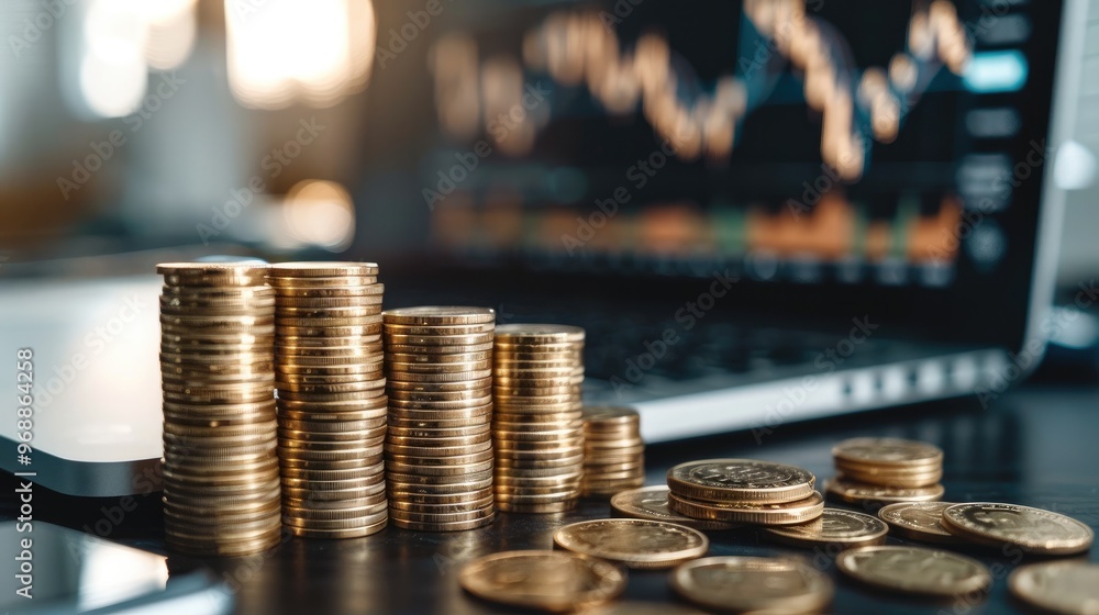 Aufkleber The concept of Return on Investment in a business context. professional desk setup with stacks of coins arranged in ascending order, symbolizing growing profits. Include laptop with financial graphs.