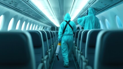 Cleaning crew in protective suits sanitizing an empty airplane cabin to ensure passenger safety and health.